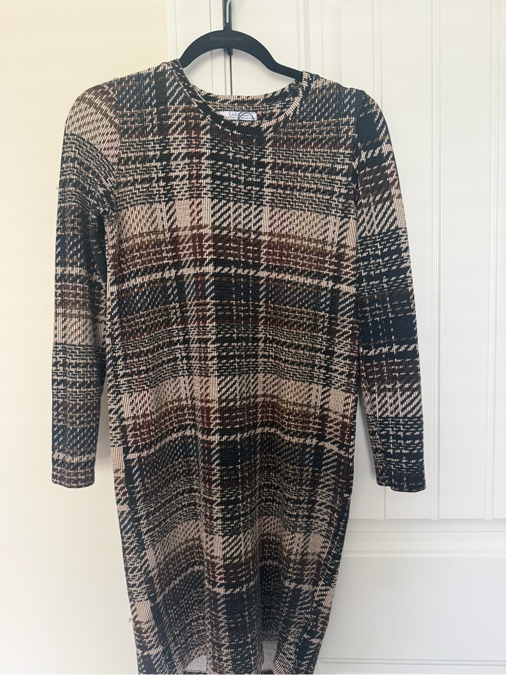 Zara Plaid Long-Sleeve Knit Dress - Beige, Black & Brown